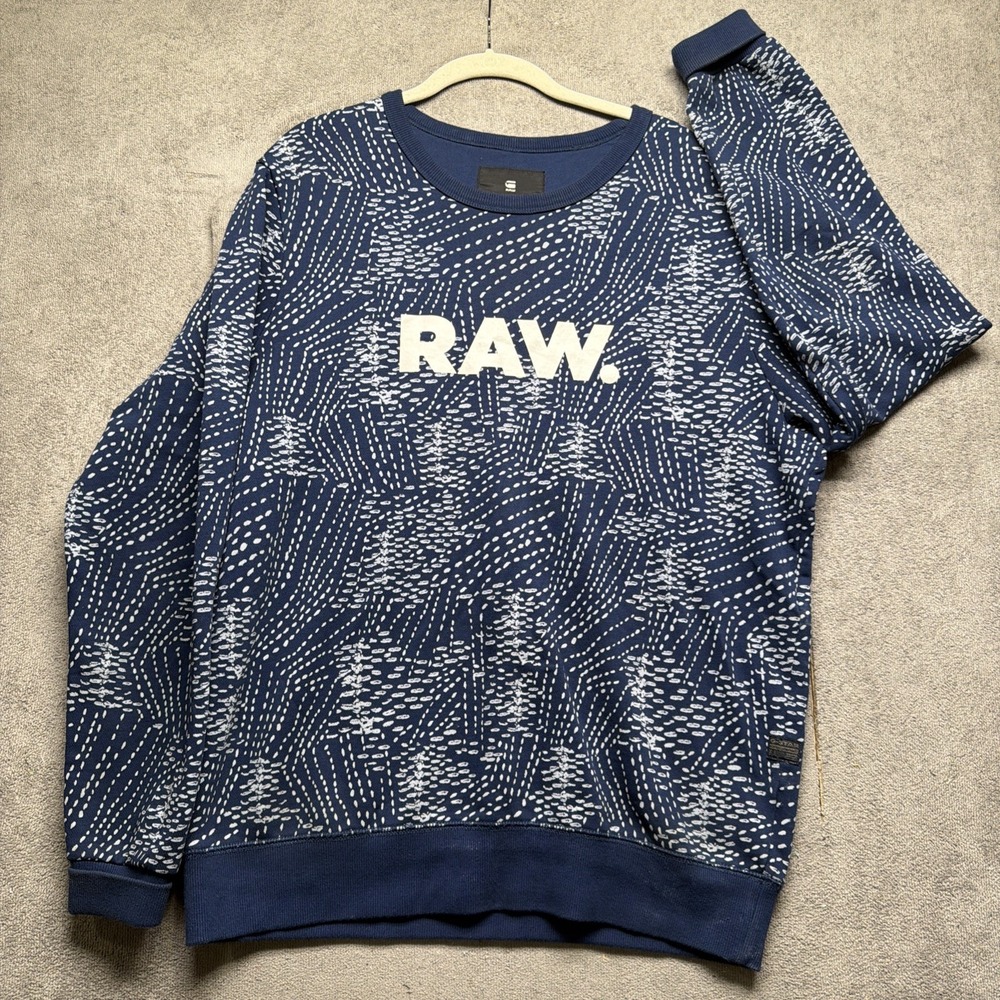 G Star RAW‎ Graphic Logo Crewneck Sweatshirt Blue All Over Print Mens Large